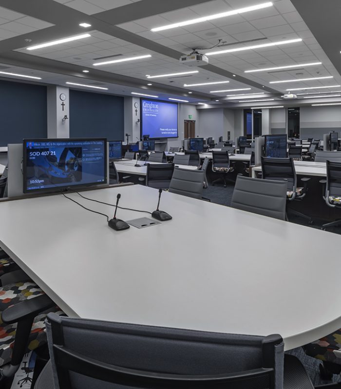 Classroom with technology collaboration tables in the Creighton School of Dentistry