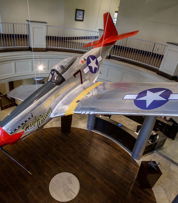 Airplane hanging from the ceiling inside the atrium of Delaware Resource Group