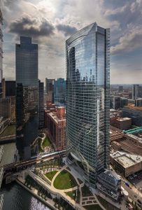 Exterior drone view of the River Point tower and surrounding park