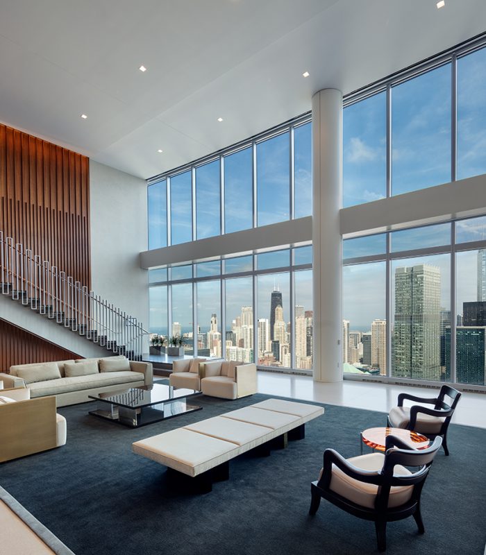 View of a seating area inside River Point Tower