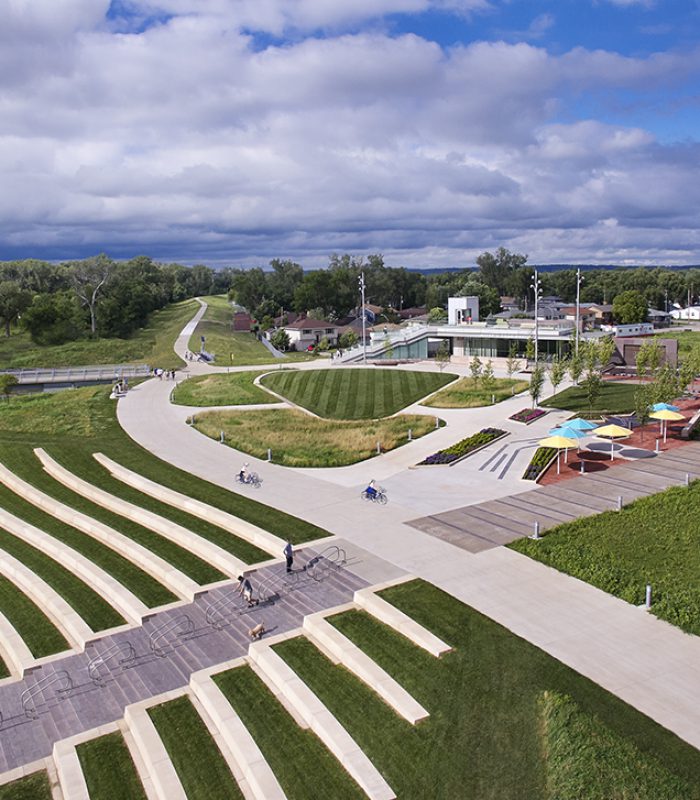 aerial shot of the River's Edge Pavilion