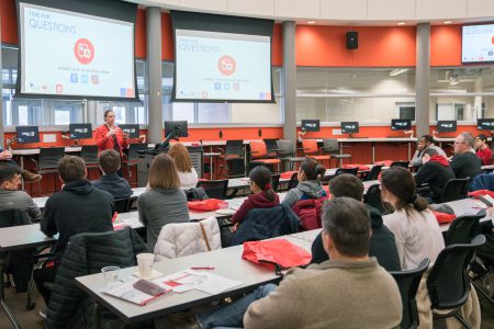 Steph Guy gives an engineering presentation at the University of Nebraska at Omaha.