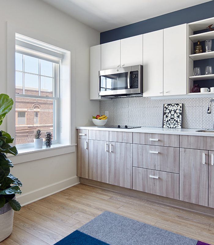 View of a kitchen in the Freiden Micro Apartments