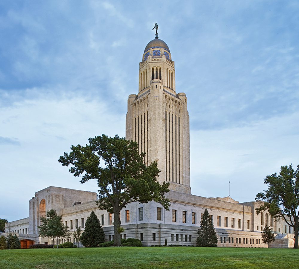 View of the exterior of the Nebraska State Capitol building