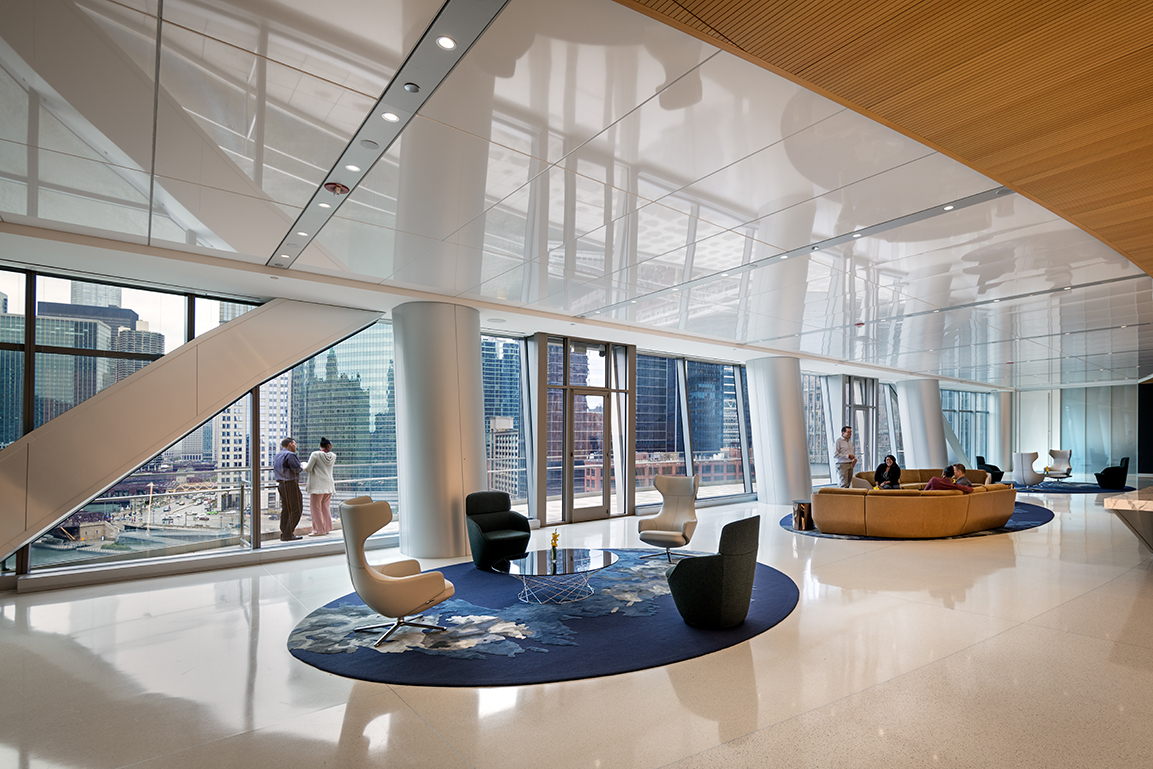 Interior view of the River Point commons leading out onto the main balcony