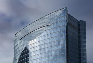 View of the convex and concave portions of the top of the River Point tower