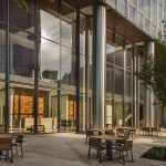 Outdoor seating at the BOK Park Plaza at 499 Sheridan