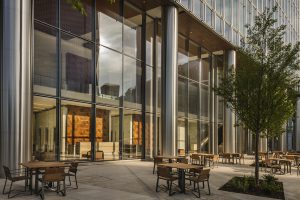 Outdoor seating at the BOK Park Plaza at 499 Sheridan