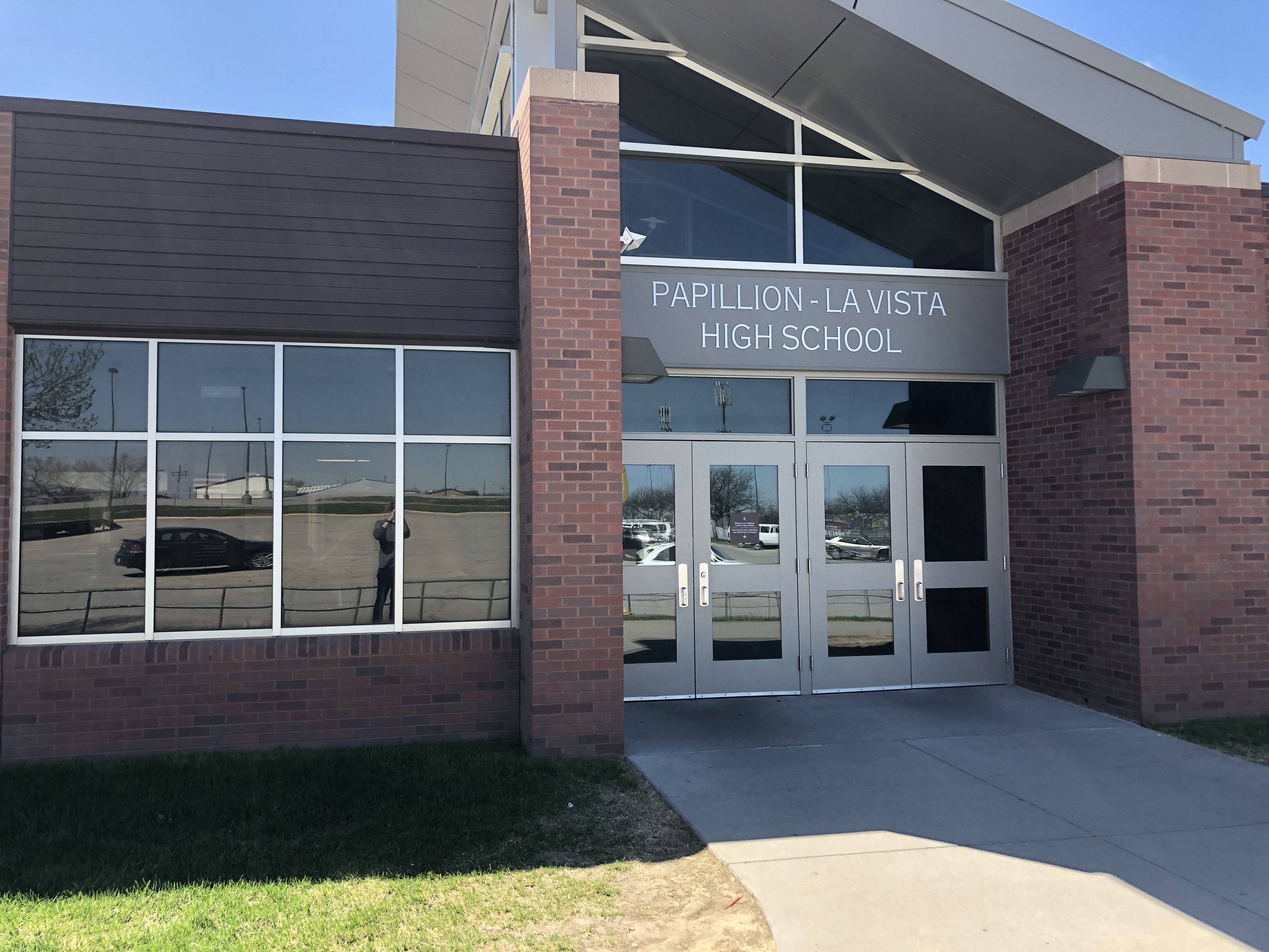 Exterior view of the main entrance to Papillion-La Vista High School