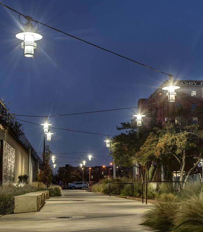 View of the catenary lights along the Bricktown walkway