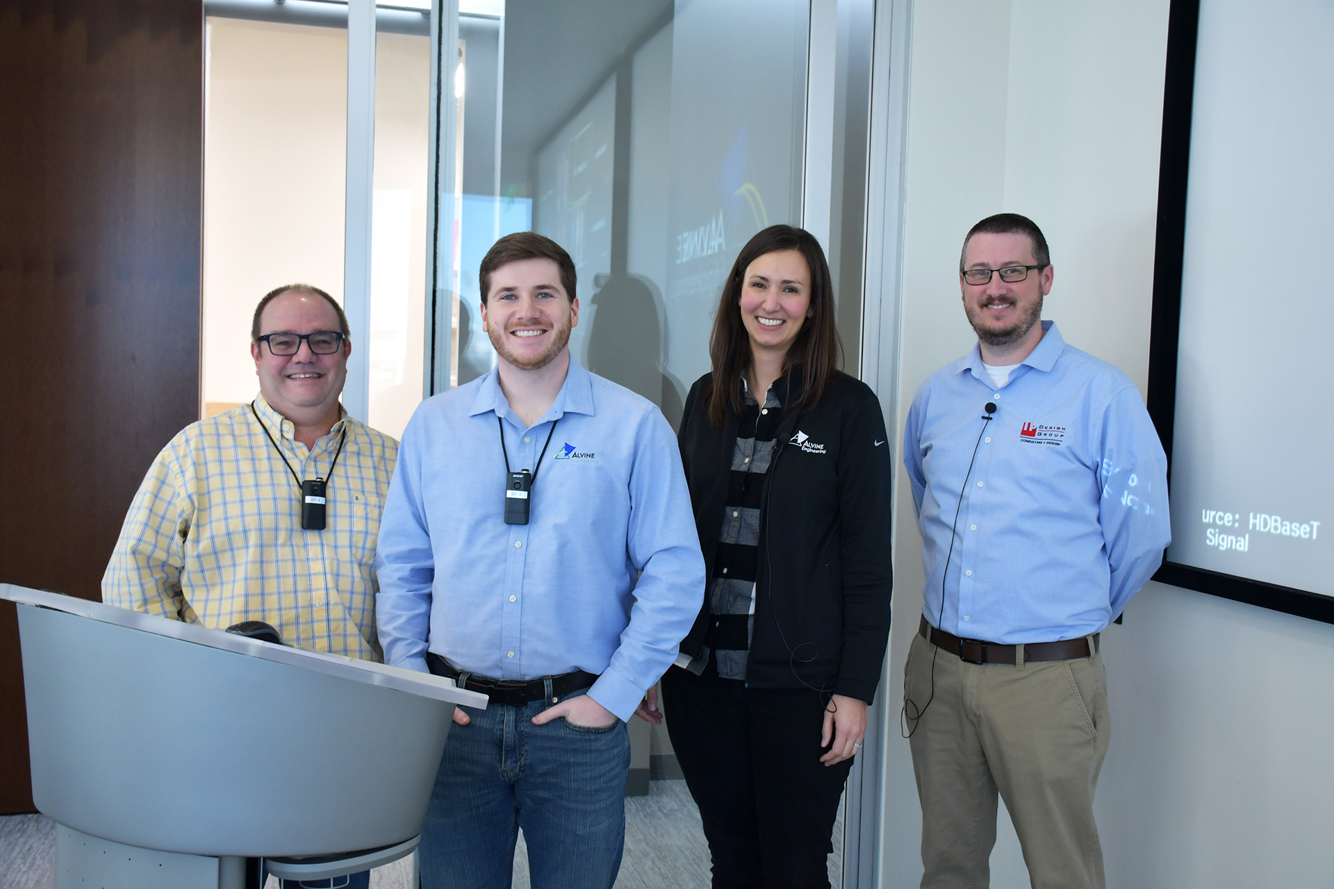 Gary Lange, Jacob Bullock, Mary Wurst, and Jacob Butler present on MEPT Engineering 101 in the training room at Alvine Engineering.