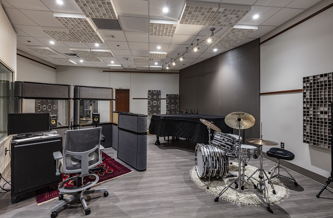 View inside the OSU Greenwood School of Music recording studio.