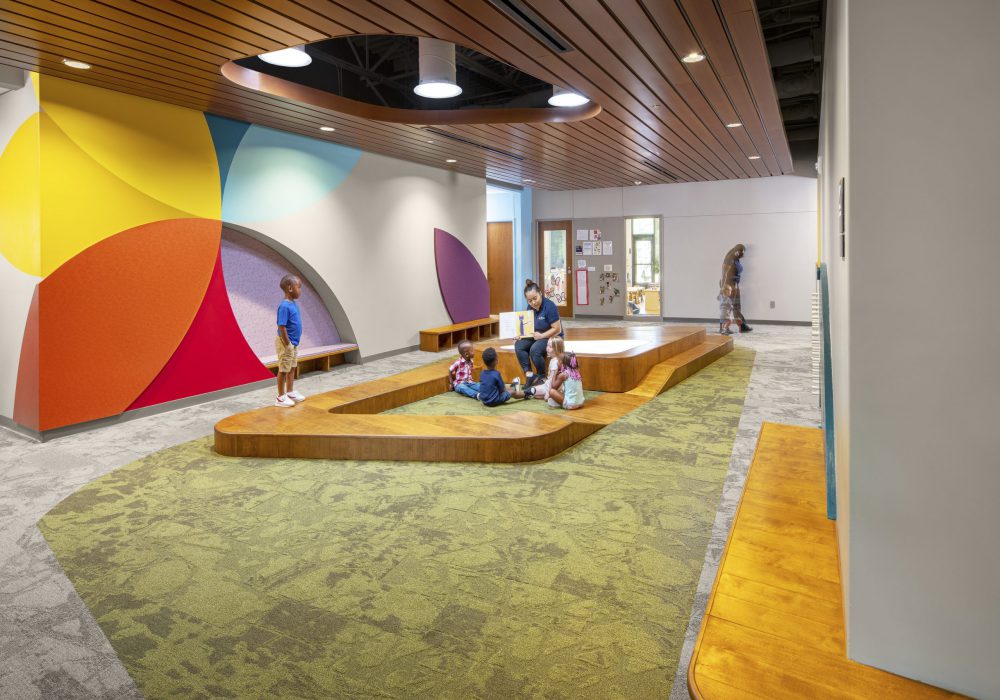 The Franklin School Early Learning Center in Spartanburg, South Carolina interior shot of students and a teacher reading