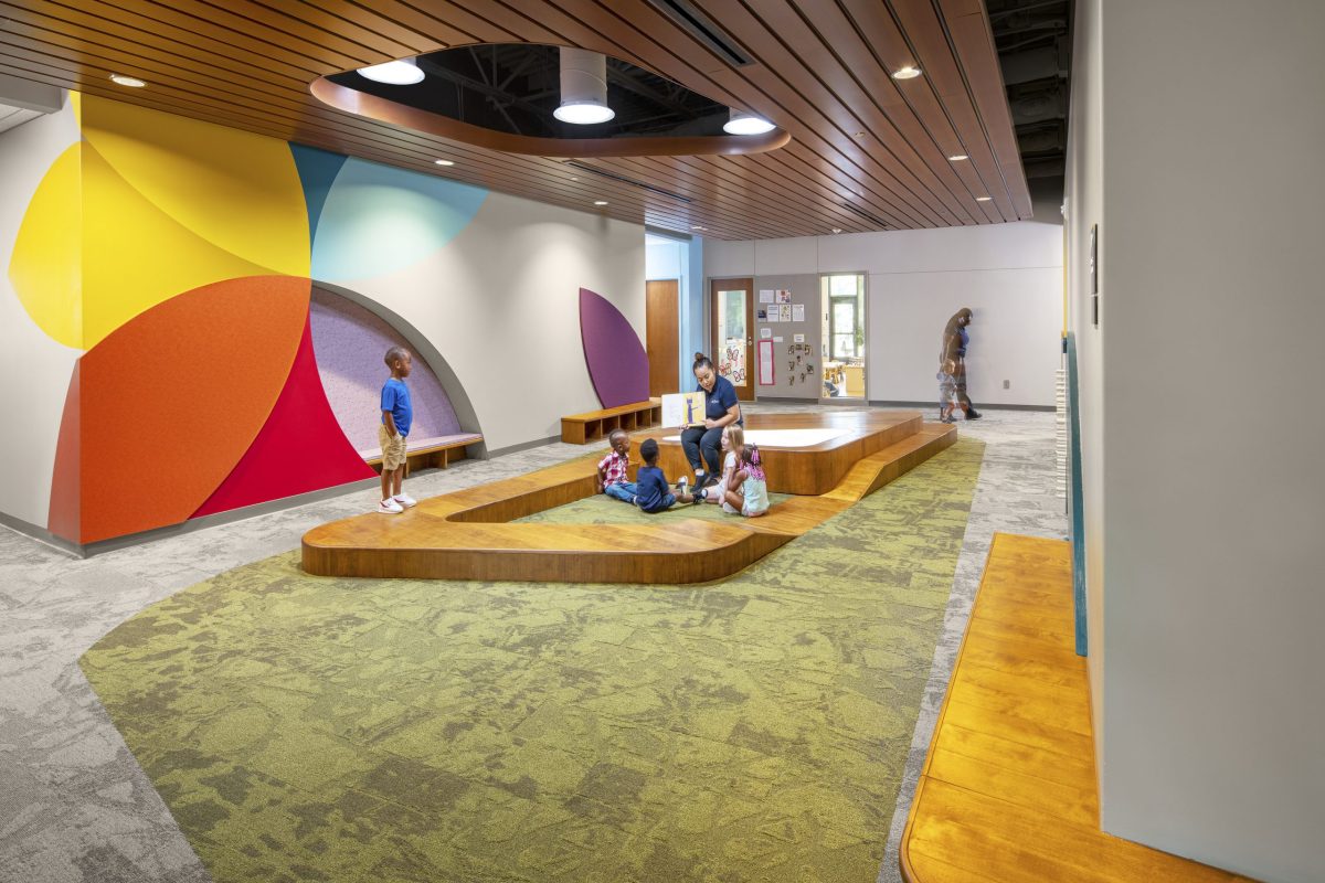 The Franklin School Early Learning Center in Spartanburg, South Carolina interior shot of students and a teacher reading